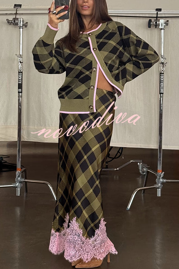 Holiday Plaid Knit Color-blocked Trim Button Long-sleeved Loose Cardigan