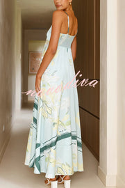 Botanical Print Square Neck Suspender Casual Full Hem Maxi Dress