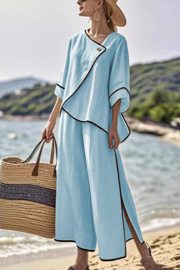 Stylish Color Trim Asymmetrical Casual Top and Elastic Waist and Wide-leg Pant Set