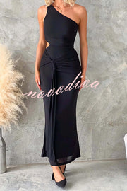 Solid Color Elegant Mesh One Shoulder Sexy Waist Hollow Out Maxi Dress