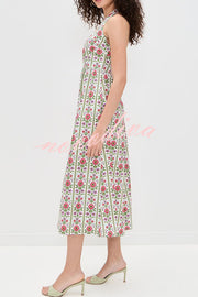 Summer Event Linen Blend Floral Pocketed Halter Maxi Dress