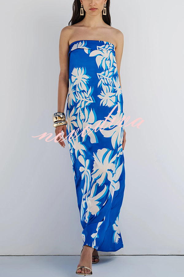 Fashion Vacation Satin Unique Print Off Shoulder Maxi Dress