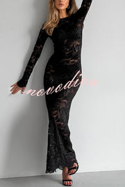 Sexy Openwork Lace Long-sleeved Slim-fit Fishtail Maxi Dress