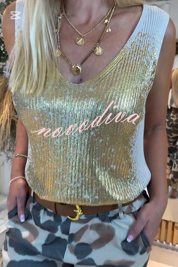 Fashion Metallic V-Neck Sleeveless Knitted Vest