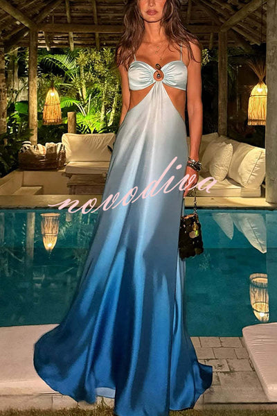 Joceline Satin Gradient Print Metal Decoration Cutout Back Tie-up Vacation Maxi Dress