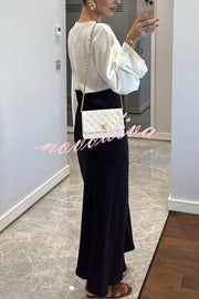 Lainei Contrast Color Satin Lace Trim V-neck Long Sleeve Maxi Dress