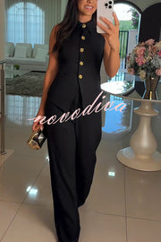 Fashion Lapel Sleeveless Button Vest and Casual Straight-leg Suit Pants Set