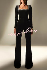 Classic Charm Velvet Jewel Embellished Trim Long Sleeve Flare Jumpsuit