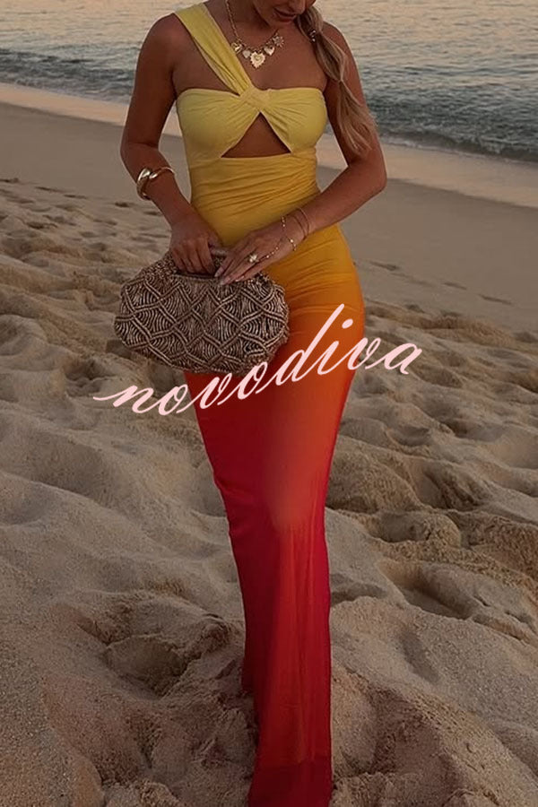 Dreamy Sunset Mesh Ombre Print One Shoulder Cutout Stretch Maxi Dress