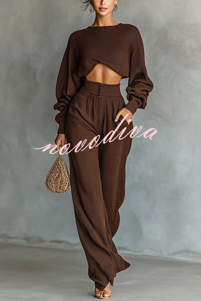 Solid Color Textured Fabric Round Neck Long-sleeved Top + High Waist Casual Pocket Wide-leg Pants Set
