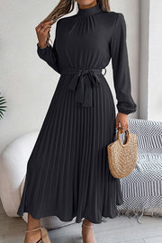 Elegant Stand-collar Long-sleeve Waisted Tie-up Pleated Midi Dress