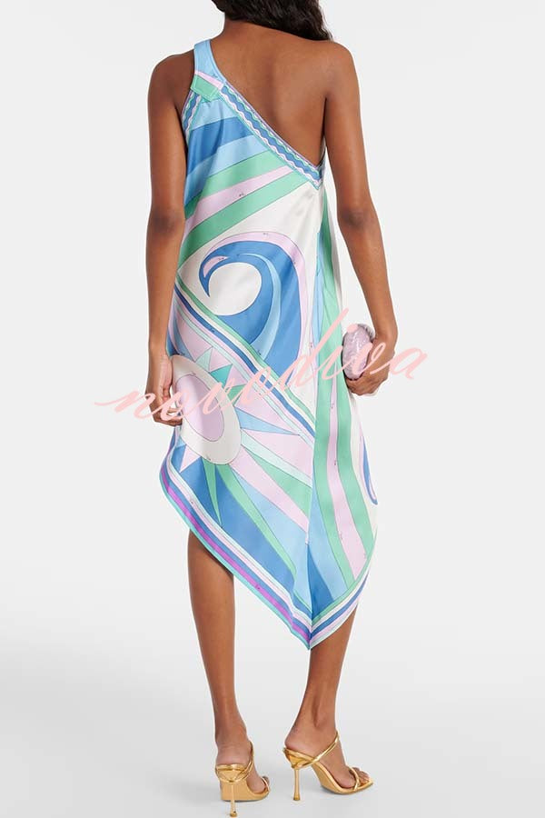On Island Satin Unique Print One Shoulder Irregular Hem Vacation Midi Dress