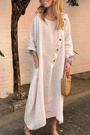 Linen Blend Solid Color Casual Round Neck Long Sleeve Button Midi Dress