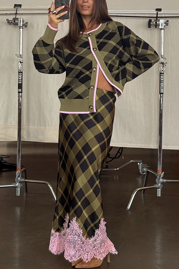 Holiday plaid Satin Unique Print Patchwork Lace Stretch Waist Draped Maxi Skirt