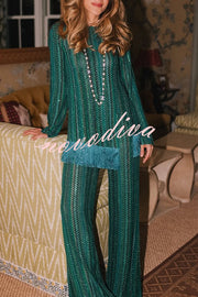 Relaxing Time Knit Zigzag Pattern Tassel Trim Slit Top and Wide Leg Pants Set