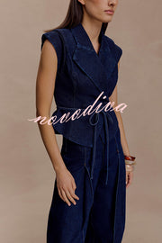 Charley Denim Button Up Cap Short Sleeve Structured Tie-up Lapel Top