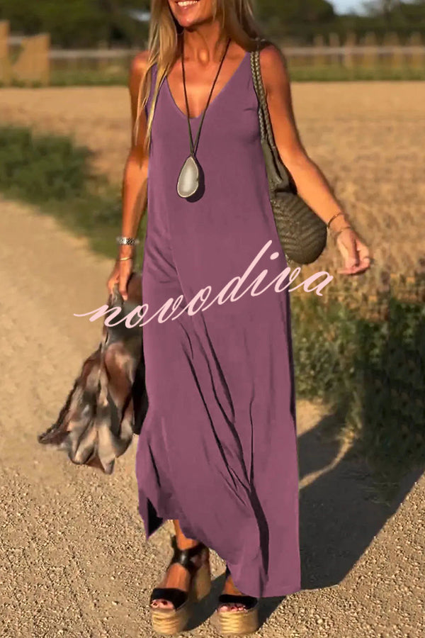 Solid Color V-neck Sleeveless Casual Loose Maxi Dress