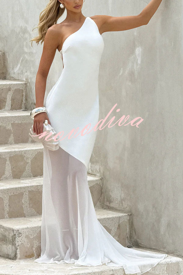 Fable Satin One Shoulder Back Adjustable Straps Contrast Chiffon Hem Maxi Dress