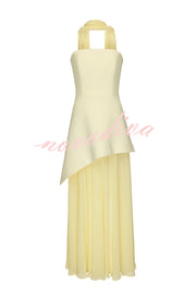 Monaco Off Shoulder Structured Top Chiffon Slit Hem Scarf Maxi Dress
