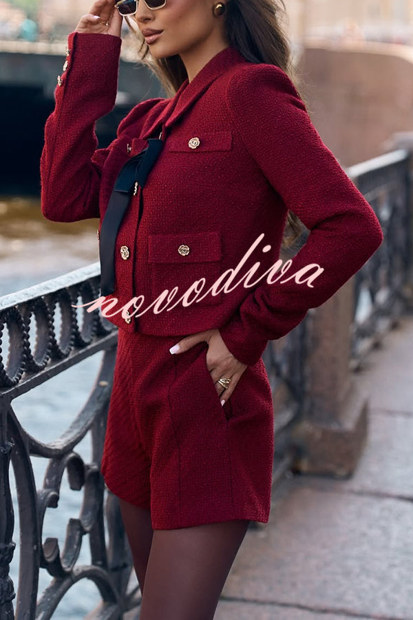 Sweet Dreams Tweed Bow Neck Button Long Sleeve Pocket Crop Jacket