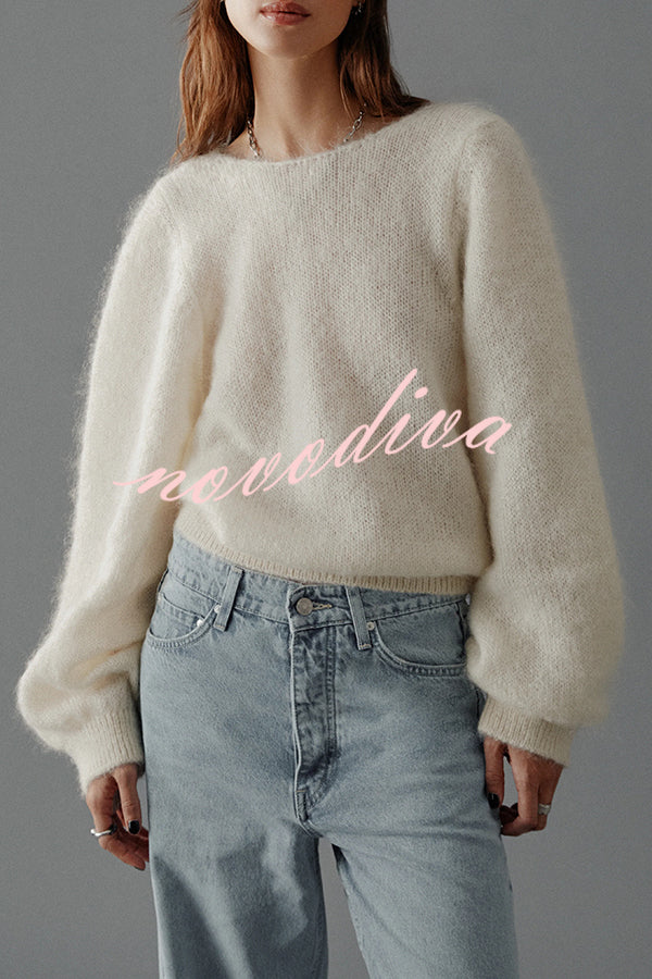 Chunky Season Knit Mohair-blend Long Sleeve Open Back Knot Design Loose Sweater