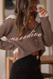 Fashionable Lace-trimmed Sailor Collar Casual Knit Cardigan