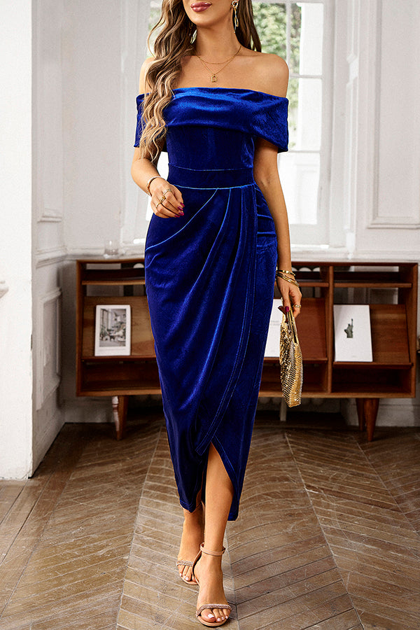 Solid Color Velvet Off-shoulder Slim-fit Elegant Slit Midi Dress