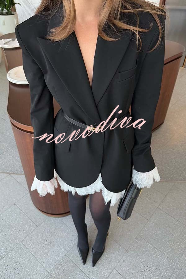 Cue The Chic Lace Trim Button Long Sleeve Lapel Blazer Mini Dress