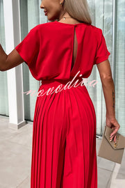 Ivy Cowl Neck Short Sleeve Belt Pleated Loose Wide Leg Jumpsuit
