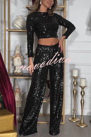 New Start Sequin Long Sleeve Back Tie-up Crop Top and Elastic Waist Loose Pants Set