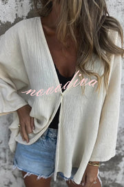 Solid Color V-neck Loose Long-sleeved Button Top