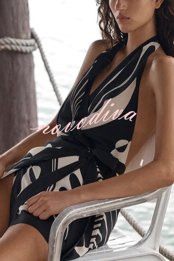 Unique Printed Open Back Waist Tie Holiday Mini Dress