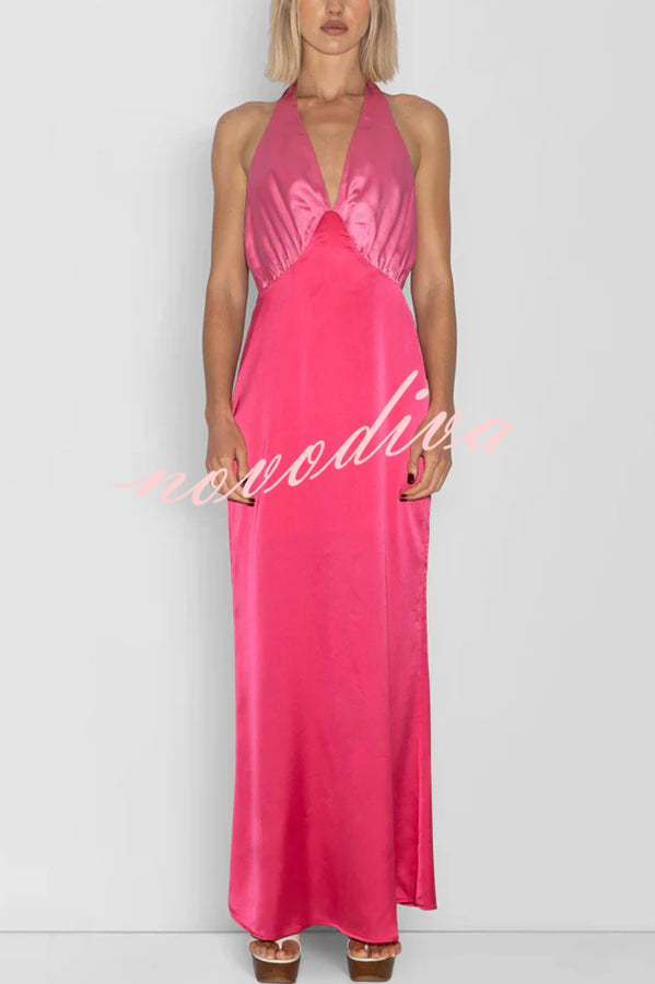 Like A Gem Satin Colorblock Halter Backless Party Maxi Dress