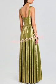 Artistic Quality Metallic Pleated Fabric Removable Straps Slit Maxi Dress