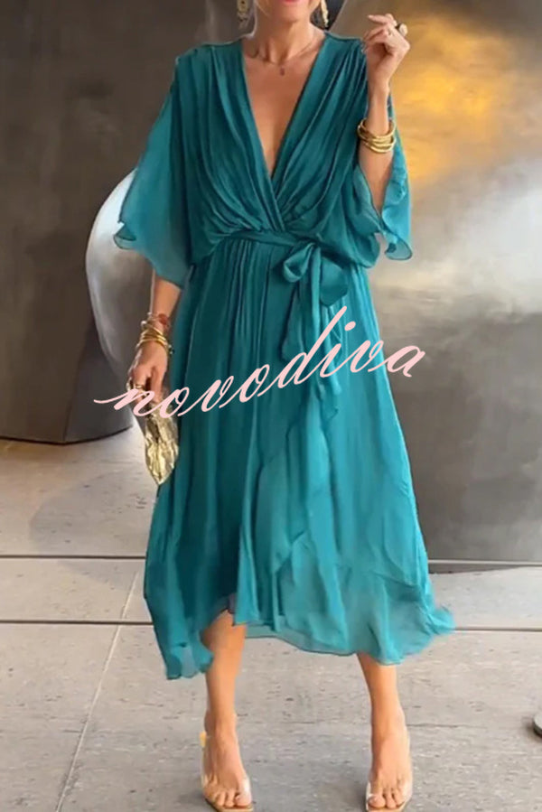 Solid Color V-neck Bat Sleeve Lace-up Irregular Hem Midi Dress