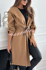 Effortless and Warm Textured Fabric Drawstring Waist Pocket Hooded Midi Coat