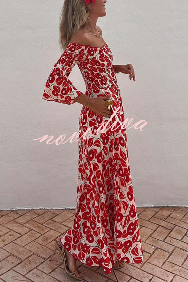 Close To The Vacation Floral Print Smocked Off Shoulder Pocketed Maxi Dress