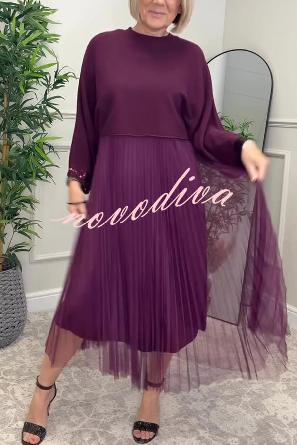 Fenna Ribbed Sequin Trim Batwing Sleeve Sweater and Pleated Tulle Stretch Tank Midi Dress Two-piece Set