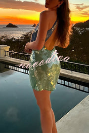 Fashion Sexy Sequined Backless Halter Neck Slim Fit Mini Dress