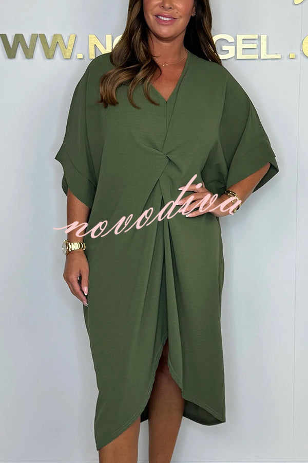 Solid Color V-neck Cross Knot Casual Irregular Midi Dress