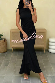 Fashionable Metallic Embellishments Pleated Sleeveless Slim-fit Maxi Dress