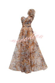 Romantic Ball Chiffon Floral One-shoulder Pleated Design Back Lace-up Gown Maxi Dress