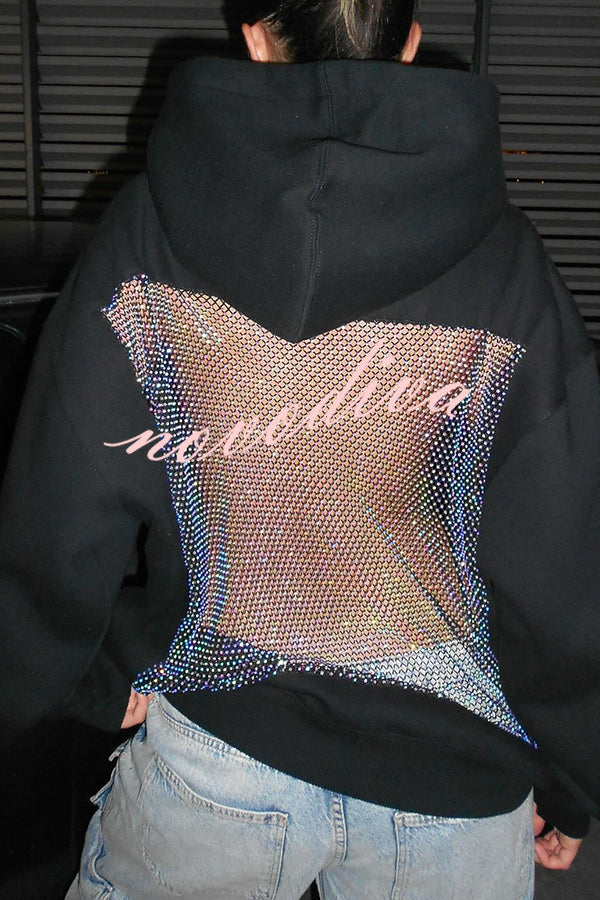 Fashionable Shiny Mesh Hollow Back Loose Long-sleeved Hooded Sweatshirt