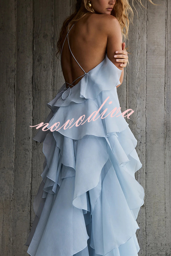 Free - Flowing Rose Detail Tiered Ruffles Halter A-line Maxi Dress