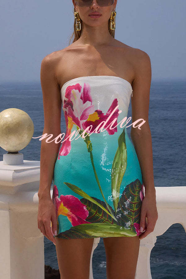 Beach Club Sequin Unique Print Strapless Stretch Mini Dress