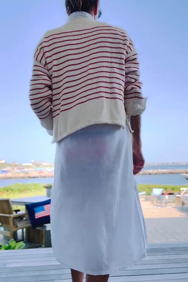 Striped Lobster Print Crew Neck Loose-fitting Knitted Sweater