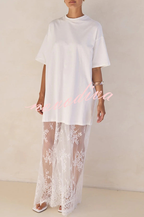 Ophelia Short Sleeve Sheer Floral Lace Hem Oversized T-shirt Maxi Dress
