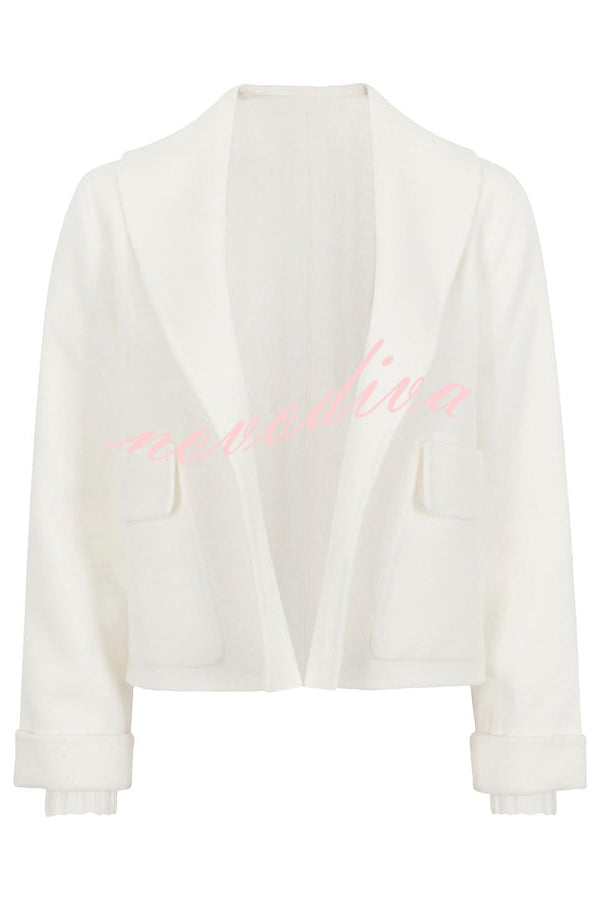 Comfortable Season Shawl Collar Open-front Long Sleeve Flap Pockets Crop Coat