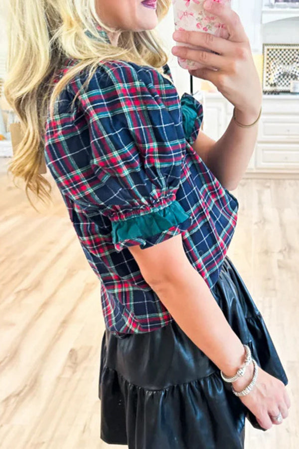 Plaid Print Ruffled Puff Sleeve Casual Shirt