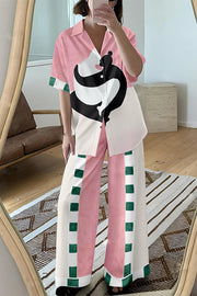 Art Embrace Print Oversized Blouse and Elastic Waist Pocketed Pants Set